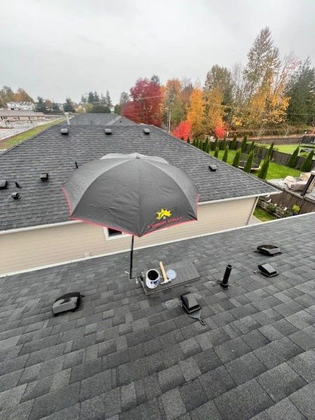 SunSafe Shield umbrella shade on a Pitch Hopper on a residential roof